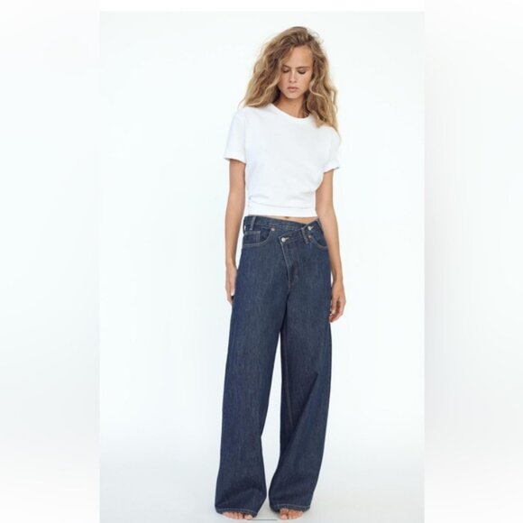ZARA TRF HIGH RISE WIDE LEG CROSSOVER WAISTBAND JEANS - Picture 1 of 9